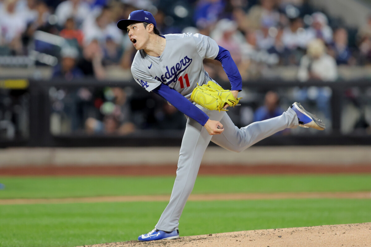 Jul 24, 2026; New York City, New York, USA; Los Angeles Dodgers starting pitcher Roki Sasaki (11) follows through on a pitch against the New York Mets during the fourth inning at Citi Field. Mandatory Credit: Brad Penner-Imagn Images