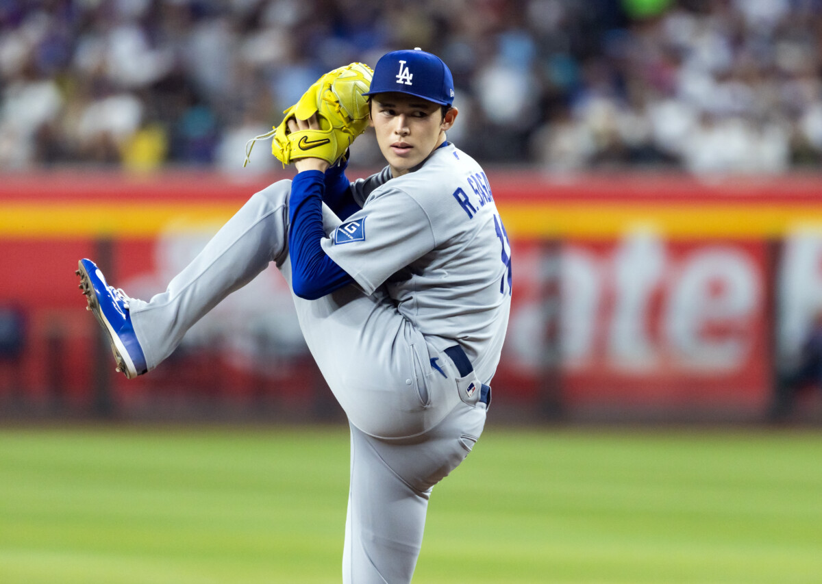 Aug 7, 2026; Phoenix, Arizona, USA; Los Angeles Dodgers pitcher Roki Sasaki against the Arizona Diamondbacks at Chase Field. Mandatory Credit: Mark J. Rebilas-Imagn Images