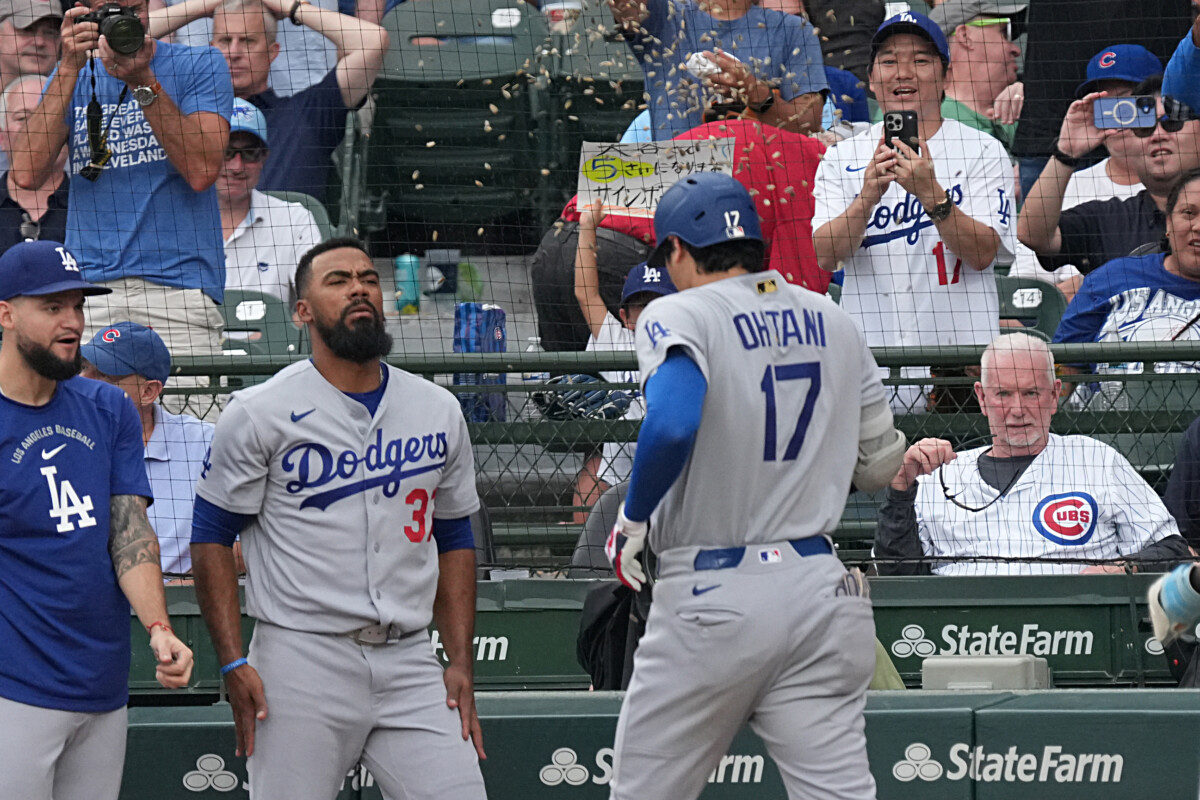 Aug 5, 2026; Chicago, Illinois, USA; Los Angeles Dodgers two-way player Shohei Ohtani (17) is greeted by Los Angeles Dodgers left fielder Teoscar Hernández (37) after hitting a two-run home run against the Chicago Cubs during the eighth inning at Wrigley Field. Mandatory Credit: David Banks-Imagn Images
