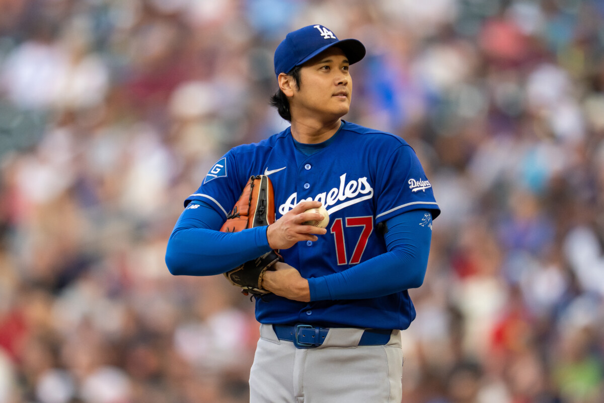 Jun 24, 2026; Minneapolis, Minnesota, USA; Los Angeles Dodgers starting pitcher Shohei Ohtani (17) looks on before delivering a pitch against the Minnesota Twins in the first inning at Target Field. Mandatory Credit: Jesse Johnson-Imagn Images