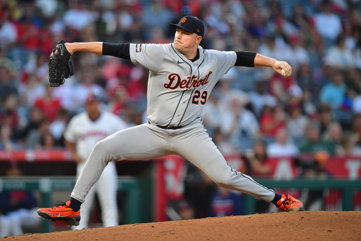 Jul 18, 2026; Anaheim, California, USA; Detroit Tigers pitcher Tarik Skubal (29) throws against the Los Angeles Angels during the third inning at Angel Stadium. Mandatory Credit: Gary A. Vasquez-Imagn Images
