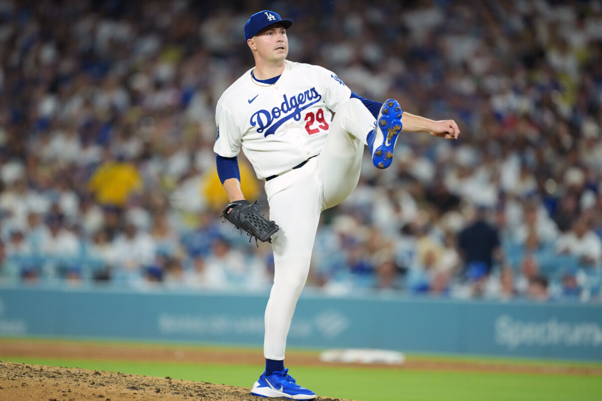Aug 10, 2026; Los Angeles, California, USA; Los Angeles Dodgers pitcher Tarik Skubal (29) reacts at the end of the fifth inning against the Kansas City Royals at Dodger Stadium. Mandatory Credit: Kirby Lee-Imagn Images