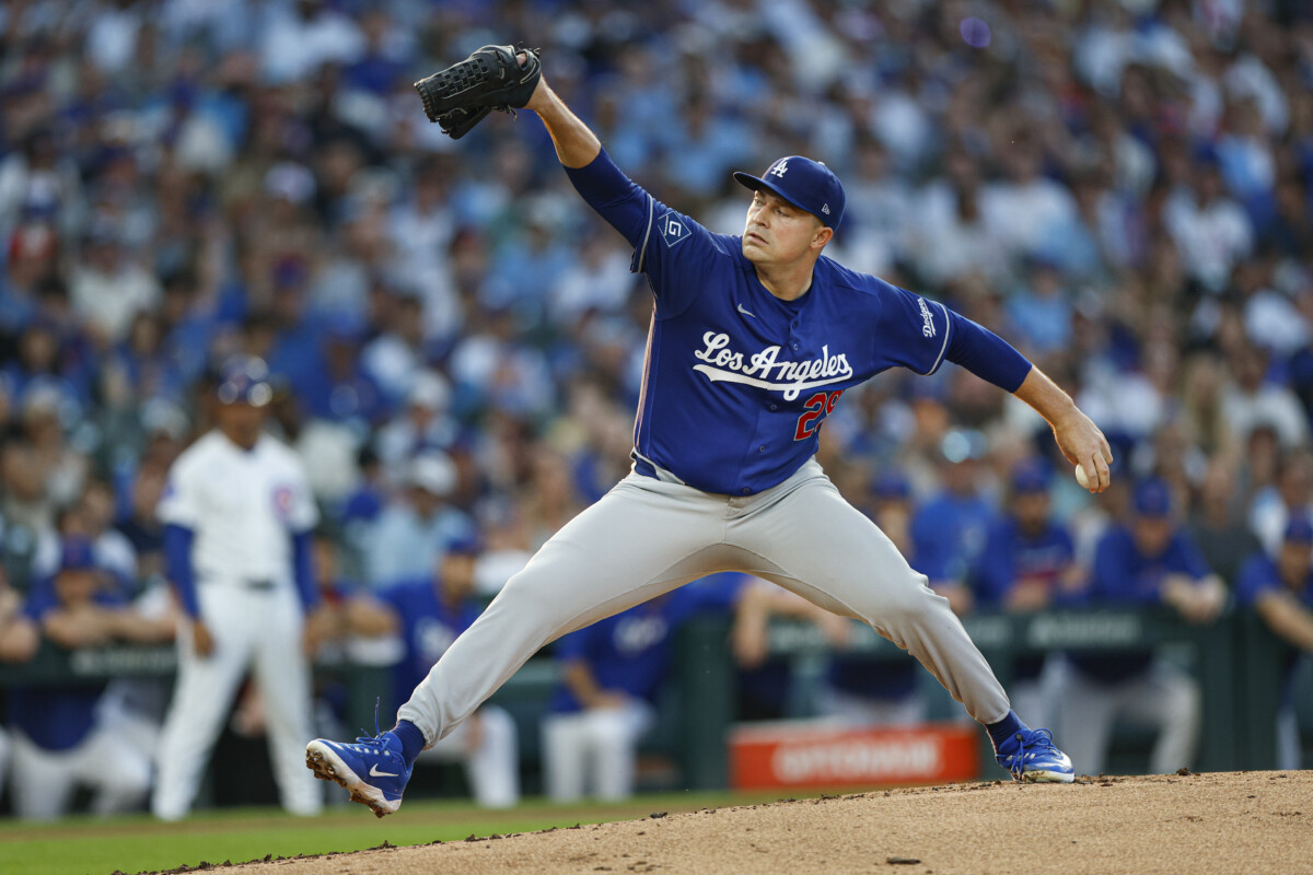 Aug 4, 2026; Chicago, Illinois, USA; Los Angeles Dodgers starting pitcher Tarik Skubal (29) delivers a pitch against the Chicago Cubs during the first inning at Wrigley Field. Mandatory Credit: Kamil Krzaczynski-Imagn Images