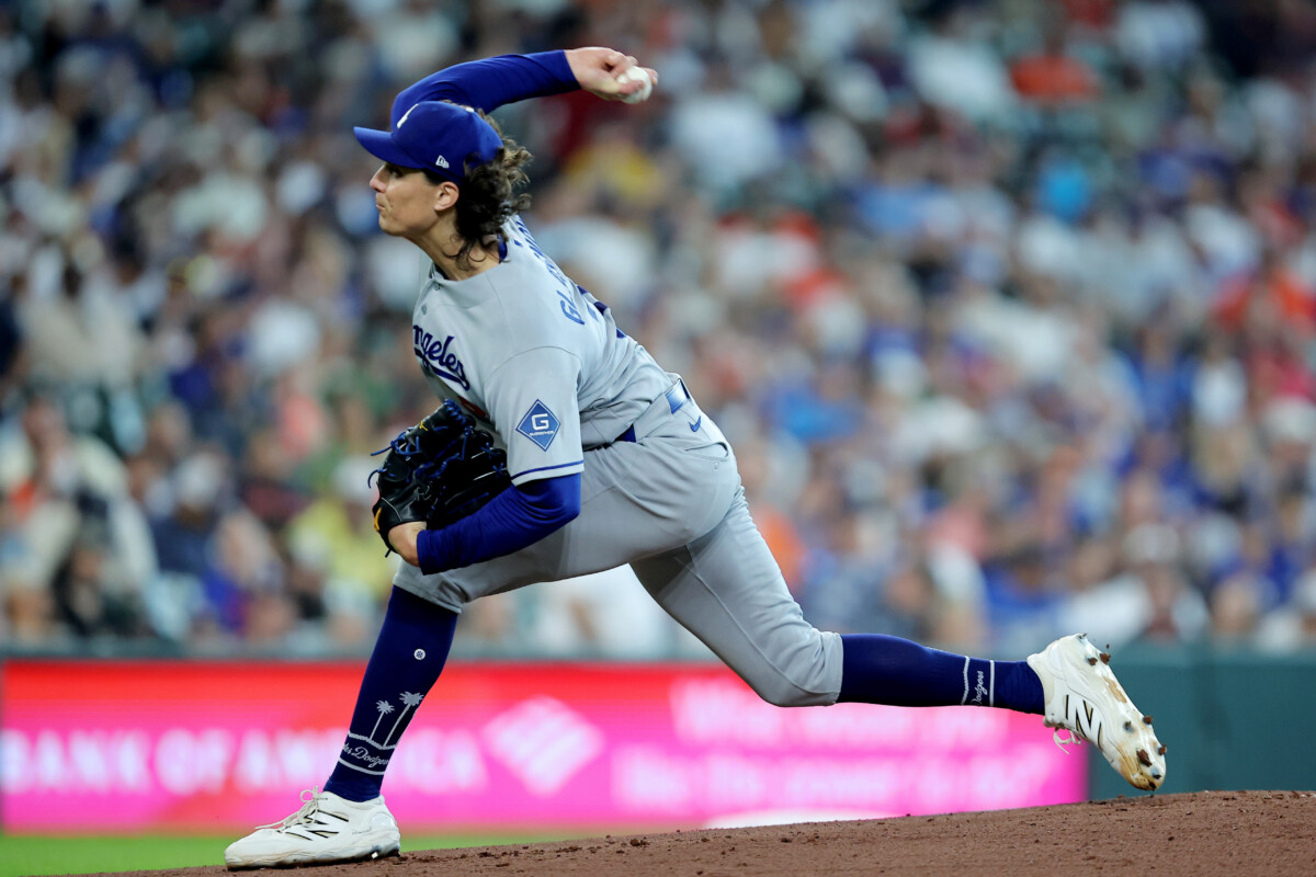 May 6, 2026; Houston, Texas, USA; Los Angeles Dodgers pitcher Tyler Glasnow (31) delivers a pitch against the Houston Astros during the first inning at Daikin Park. Mandatory Credit: Erik Williams-Imagn Images