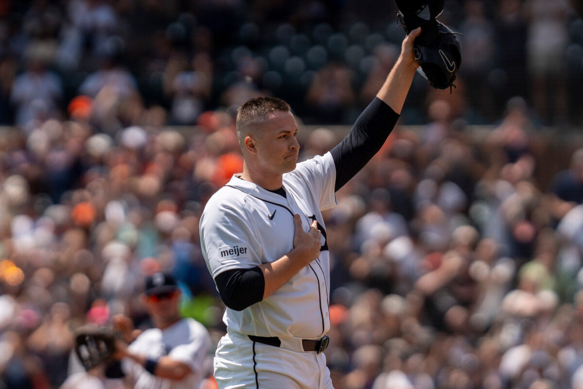 Detroit Tigers starting pitcher Tarik Skubal tips his hat to the fans after delivering his 1,000 strikeout against the Baltimore
