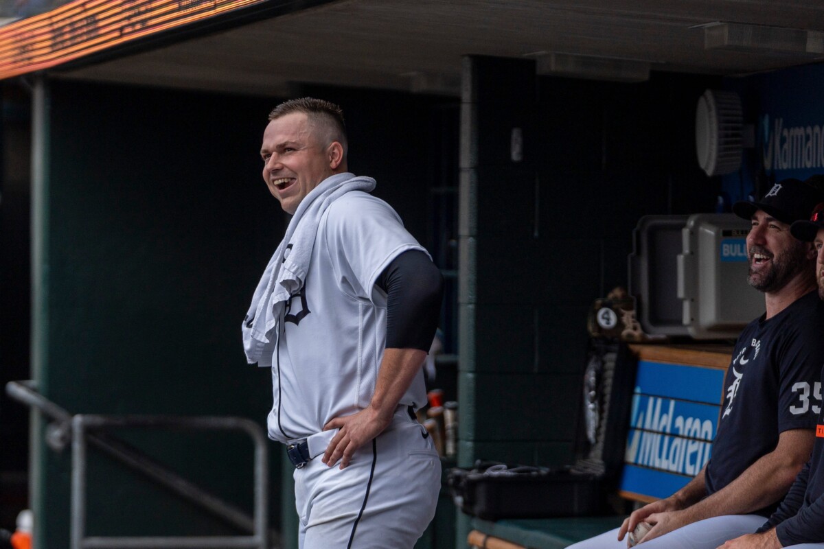 Detroit Tigers starting pitcher Tarik Skubal (29) smiles as he stands in the dugout alongside Justin Verlander during their game against the Baltimore Orioles at Comerica Park in Detroit on Wednesday, July 29, 2026.