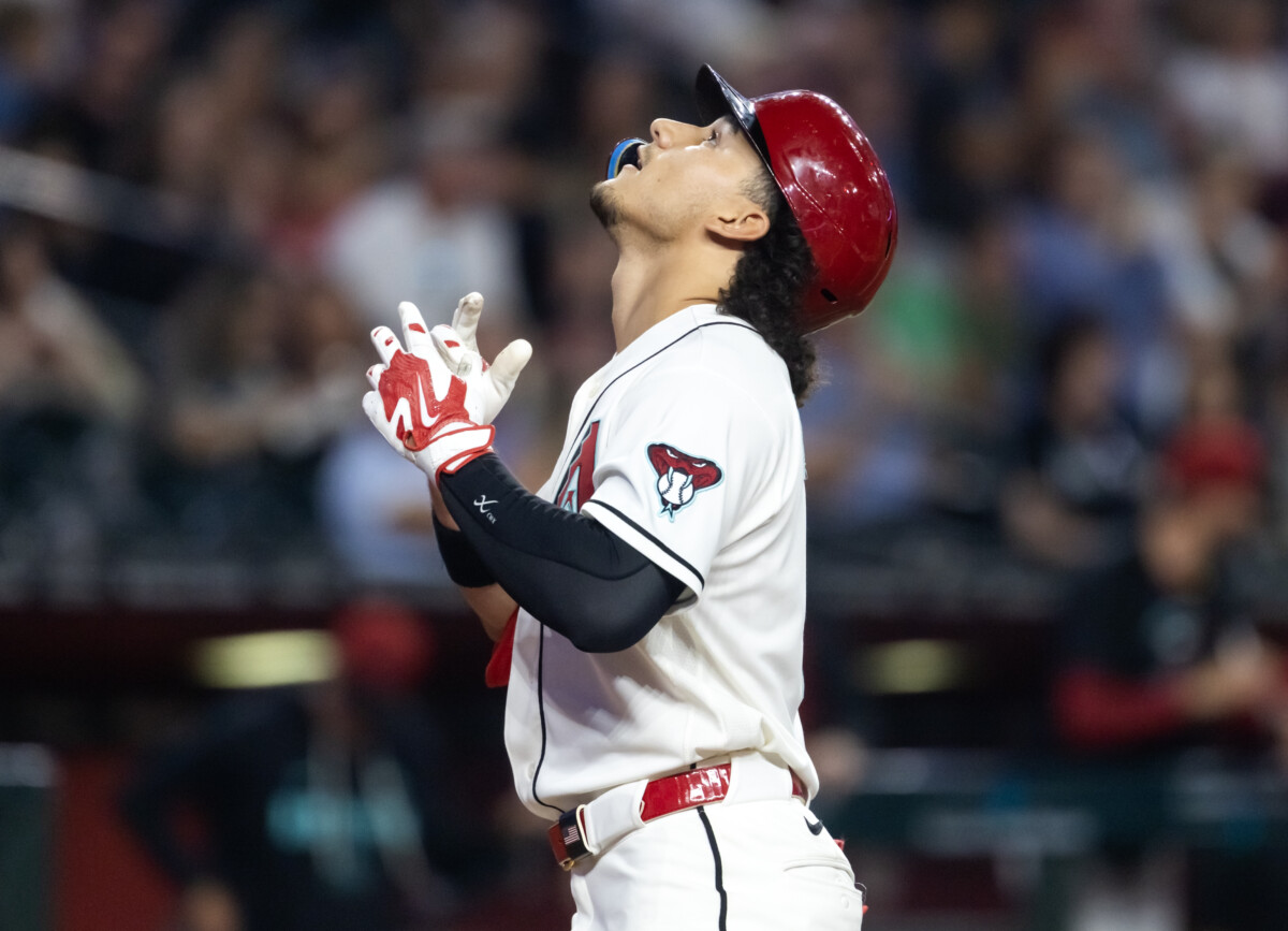 Apr 21, 2026; Phoenix, Arizona, USA; Arizona Diamondbacks outfielder Alek Thomas celebrates after hitting a solo home run in the fifth inning against the Chicago White Sox at Chase Field. Mandatory Credit: Mark J. Rebilas-Imagn Images