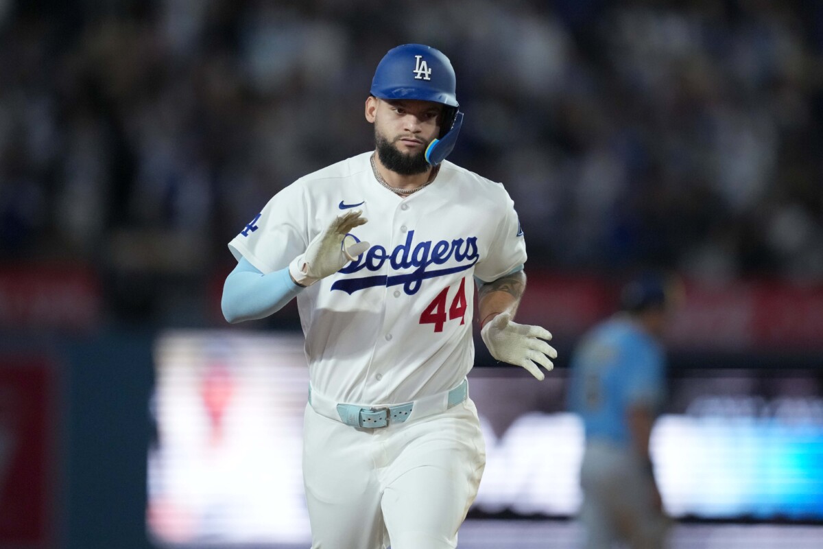 Aug 14, 2026; Los Angeles, California, USA; Los Angeles Dodgers center fielder Andy Pages (44) runs the bases after hitting a home run in the fifth inning against the Milwaukee Brewers at Dodger Stadium. Mandatory Credit: Kirby Lee-Imagn Images
