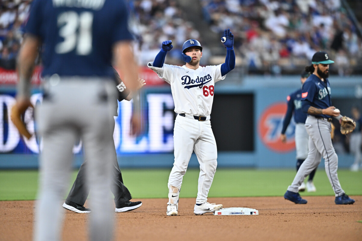 Jul 28, 2026; Los Angeles, California, USA; Los Angeles Dodgers catcher Dalton Rushing (68) celebrates hitting double during the third inning against the Seattle Mariners at Dodger Stadium. Mandatory Credit: William Liang-Imagn Images
