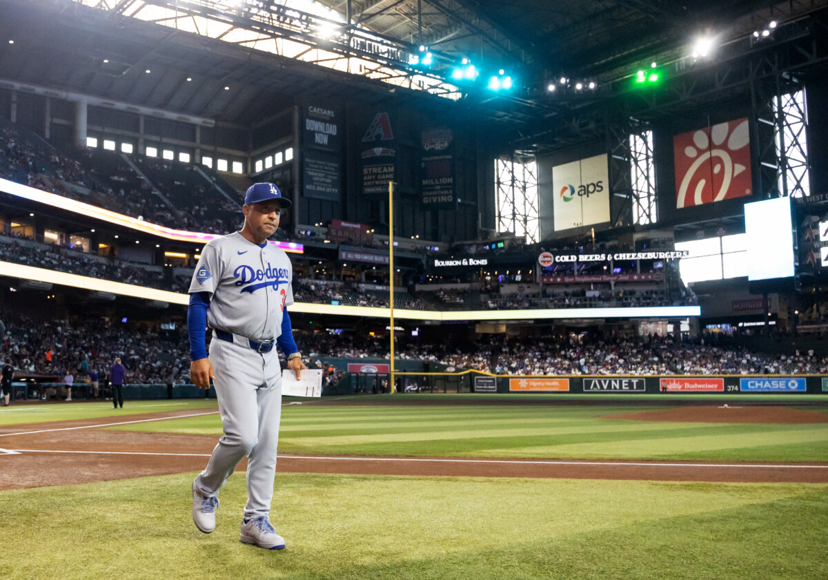 Aug 7, 2026; Phoenix, Arizona, USA; Los Angeles Dodgers manager Dave Roberts prior to the game against the Arizona Diamondbacks at Chase Field. Mandatory Credit: Mark J. Rebilas-Imagn Images