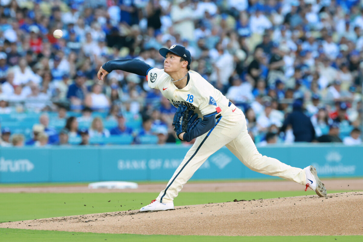 Aug 1, 2026; Los Angeles, California, USA; Los Angeles Dodgers starting pitcher Yoshinobu Yamamoto (18) throws a pitch against the Boston Red Sox during the first inning at Dodger Stadium. Mandatory Credit: William Navarro-Imagn Images