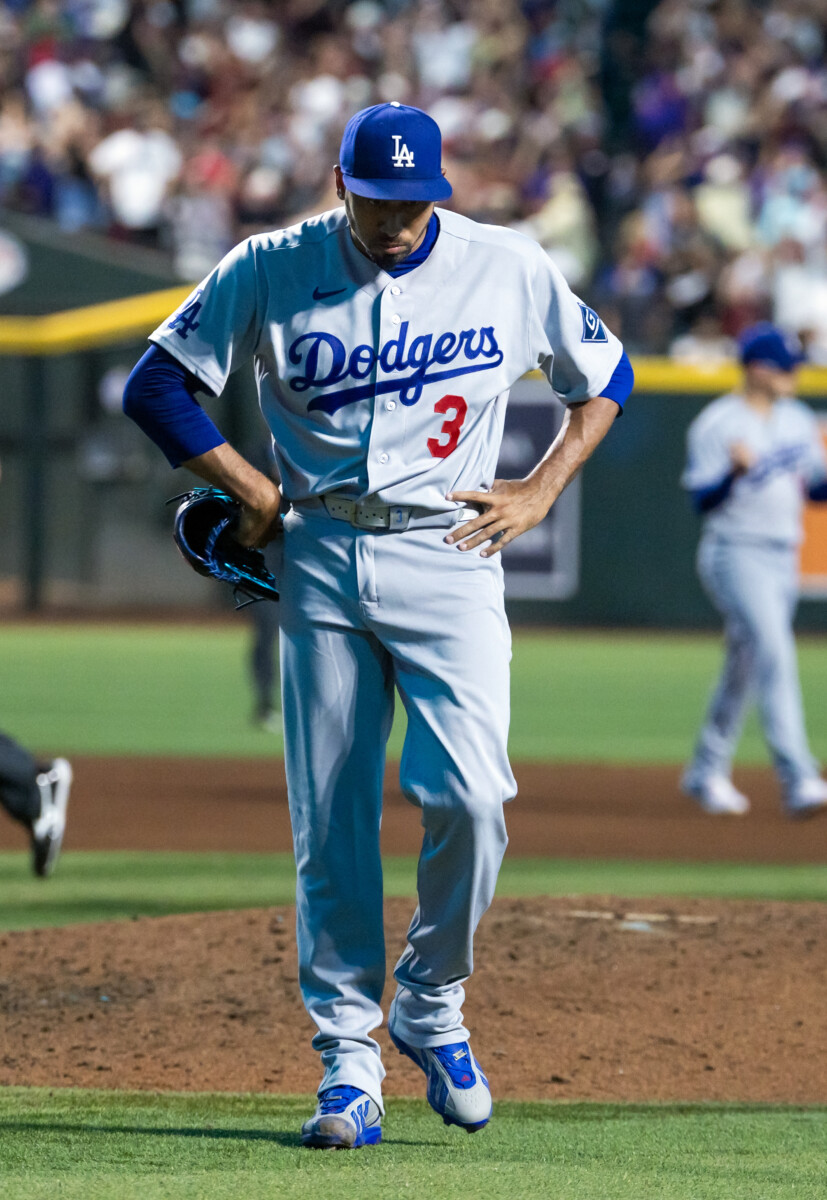 Aug 7, 2026; Phoenix, Arizona, USA; Los Angeles Dodgers pitcher Edwin Diaz reacts after giving up a two run walk off home run by Arizona Diamondbacks outfielder Ryan Waldschmidt (not pictured) in the ninth inning at Chase Field. Mandatory Credit: Mark J. Rebilas-Imagn Images