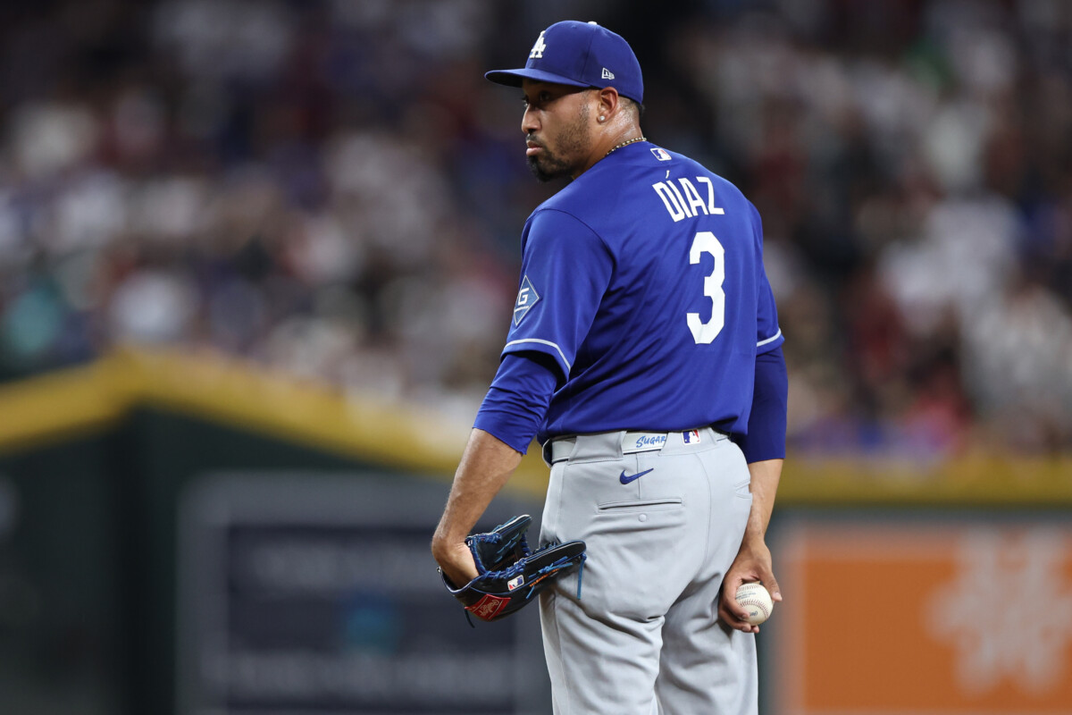 Aug 8, 2026; Phoenix, Arizona, USA; Los Angeles Dodgers pitcher Edwin Diaz (3) throws against the Arizona Diamondbacks in the ninth inning at Chase Field. Mandatory Credit: Anna Carrington-Imagn Images