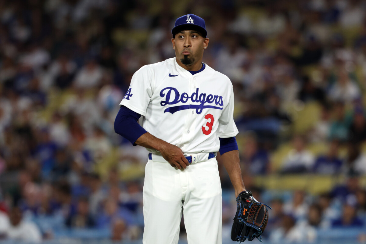 Jul 29, 2026; Los Angeles, California, USA; Los Angeles Dodgers pitcher Edwin Diaz (3) looks on during the ninth inning against the Seattle Mariners at Dodger Stadium. Mandatory Credit: Kiyoshi Mio-Imagn Images