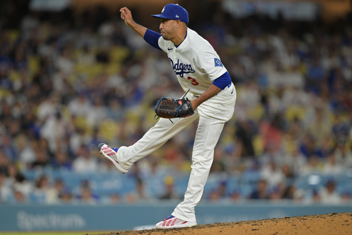 Aug 13, 2026; Los Angeles, California, USA; Los Angeles Dodgers relief pitcher Edwin Diaz (3) delivers to the plate in the ninth inning against the Milwaukee Brewers at Dodger Stadium. Mandatory Credit: Jayne Kamin-Oncea-Imagn Images