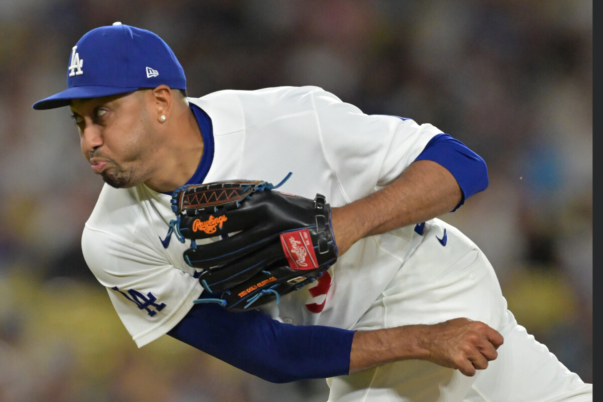 Aug 13, 2026; Los Angeles, California, USA; Los Angeles Dodgers relief pitcher Edwin Diaz (3) delivers to the plate in the ninth inning against the Milwaukee Brewers at Dodger Stadium. Mandatory Credit: Jayne Kamin-Oncea-Imagn Images