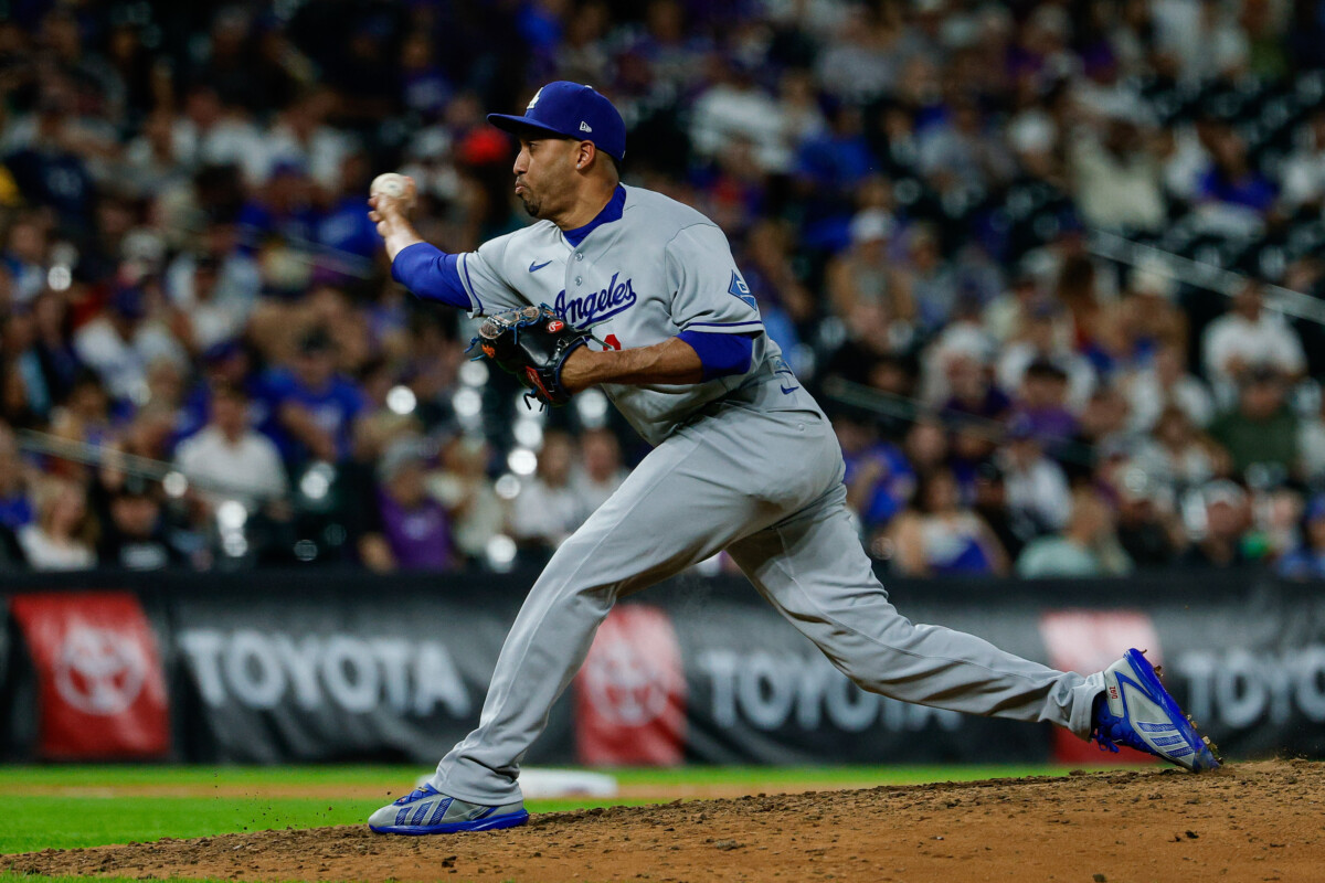 Aug 17, 2026; Denver, Colorado, USA; Los Angeles Dodgers relief pitcher Edwin Diaz (3) pitches in the ninth inning against the Colorado Rockies at Coors Field. Mandatory Credit: Isaiah J. Downing-Imagn Images