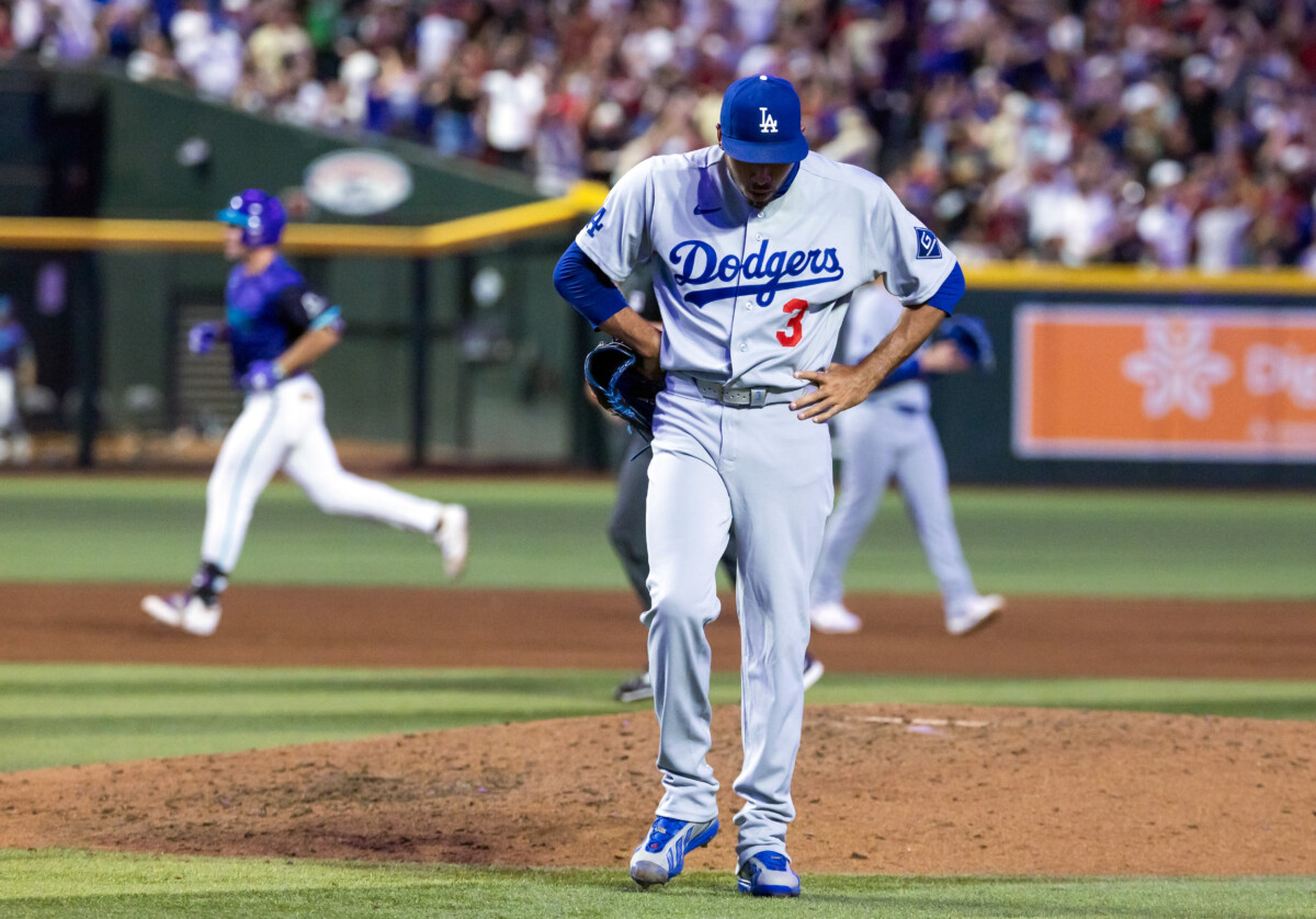 Aug 7, 2026; Phoenix, Arizona, USA; Los Angeles Dodgers pitcher Edwin Diaz reacts after giving up a two run walk off home run by Arizona Diamondbacks outfielder Ryan Waldschmidt in the ninth inning at Chase Field. Mandatory Credit: Mark J. Rebilas-Imagn Images