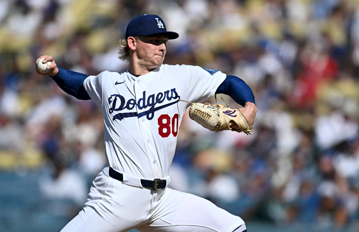 Aug 2, 2026; Los Angeles, California, USA; Los Angeles Dodgers pitcher Emmet Sheehan (80) throws during the first inning against the Boston Red Sox at Dodger Stadium. Mandatory Credit: Jonathan Hui-Imagn Images