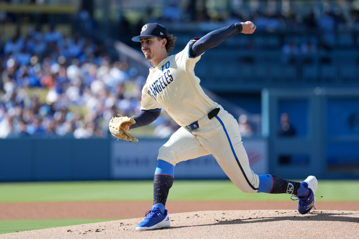 Aug 15, 2026; Los Angeles, California, USA; Los Angeles Dodgers pitcher Justin Wrobleski (70) throws a pitch against the Milwaukee Brewers during the first inning at Dodger Stadium. Mandatory Credit: Kirby Lee-Imagn Images