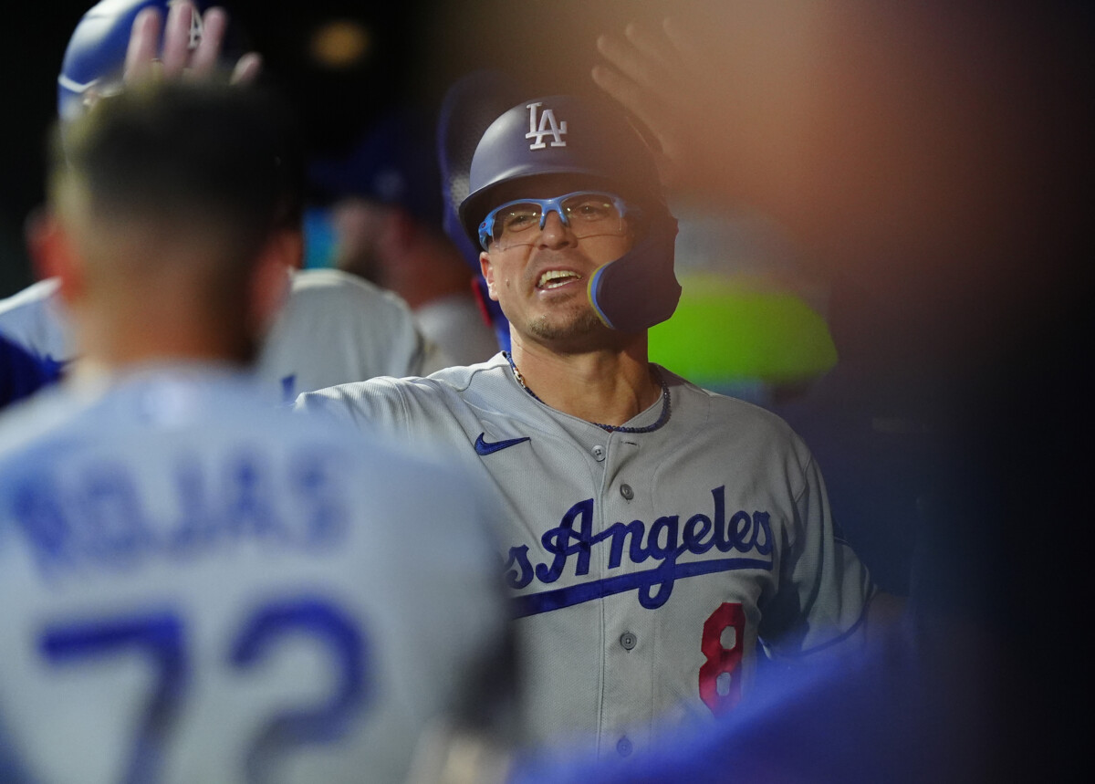 Aug 19, 2026; Denver, Colorado, USA; Los Angeles Dodgers first baseman Enrique Hernandez (8) celebrates his two run home run in the fourth inning against the Colorado Rockies at Coors Field. Mandatory Credit: Ron Chenoy-Imagn Images