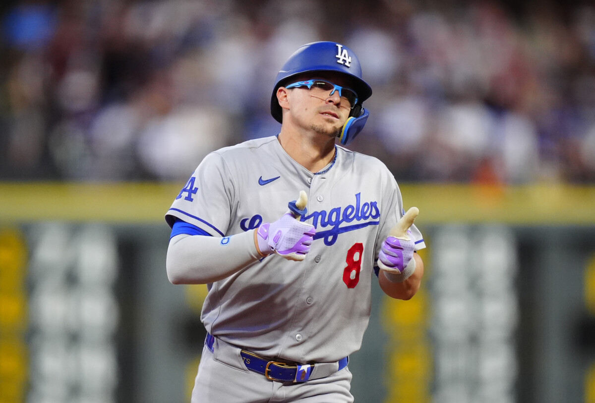 Aug 19, 2026; Denver, Colorado, USA; Los Angeles Dodgers first baseman Enrique Hernandez (8) celebrates his two run home run in the fourth inning against the Colorado Rockies at Coors Field. Mandatory Credit: Ron Chenoy-Imagn Images
