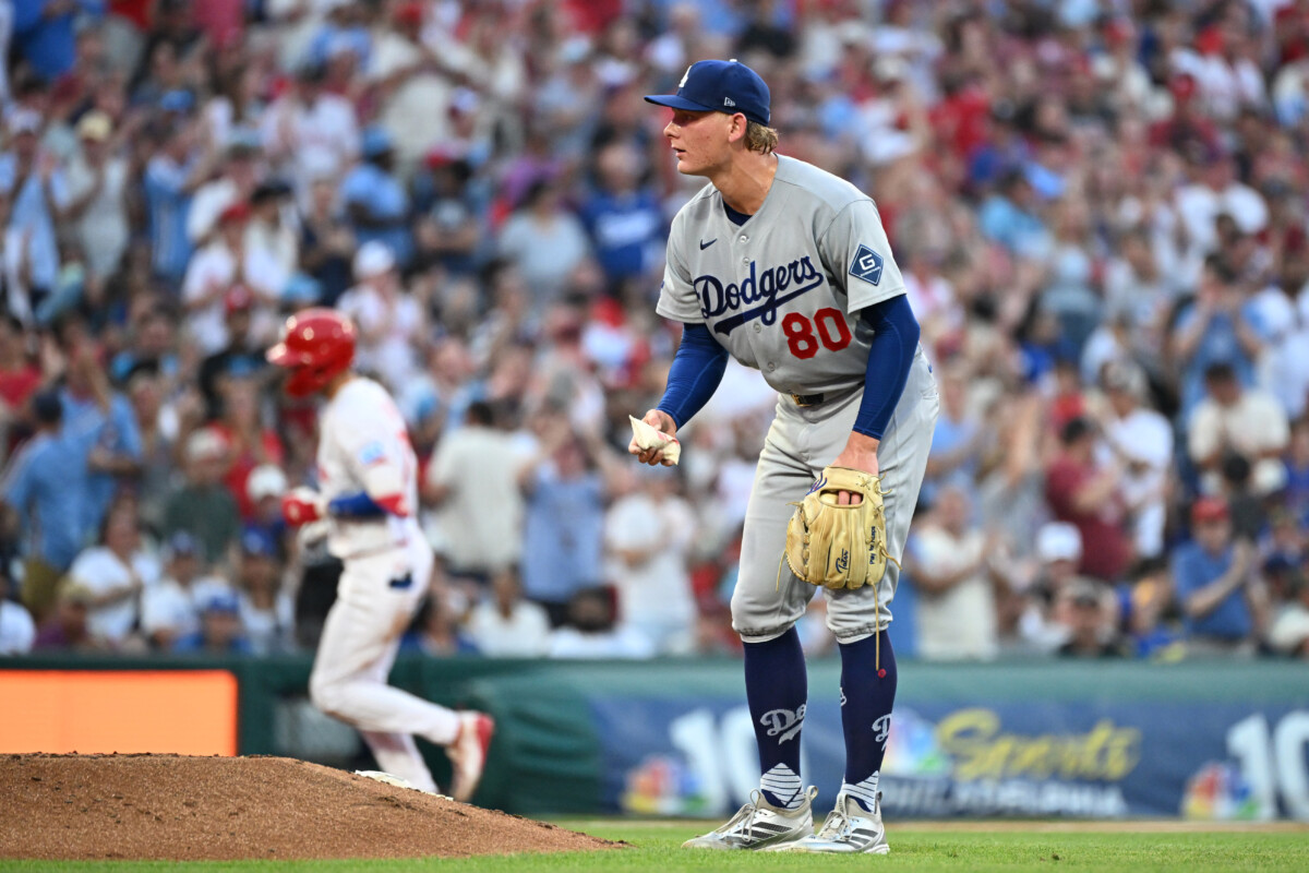 Jul 20, 2026; Philadelphia, Pennsylvania, USA; Los Angeles Dodgers pitcher Emmet Sheehan (80) reacts after after allowing a home run by Philadelphia Phillies shortstop Trea Turner (7) during the second inning at Citizens Bank Park. Mandatory Credit: Eric Hartline-Imagn Images