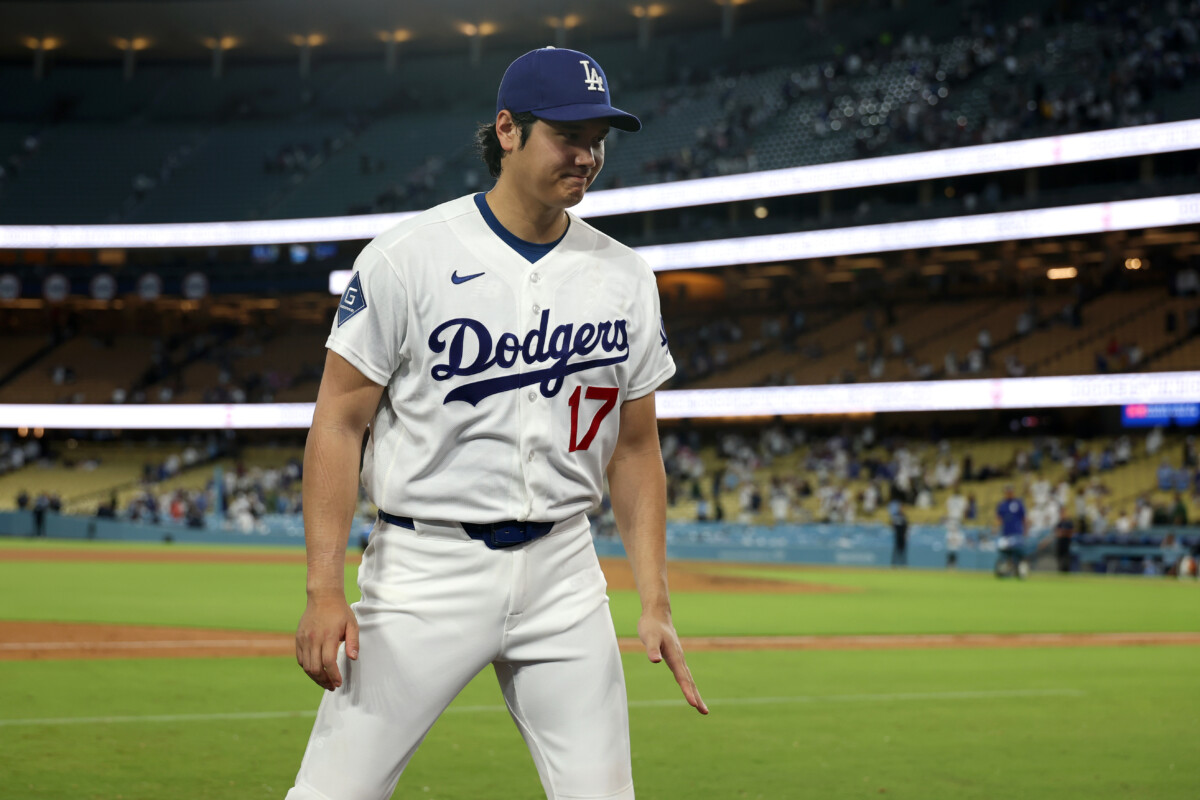Aug 12, 2026; Los Angeles, California, USA; Los Angeles Dodgers designated hitter Shohei Ohtani (17) leaves the field after defeating the Kansas City Royals 4-2 at Dodger Stadium. Mandatory Credit: Kiyoshi Mio-Imagn Images