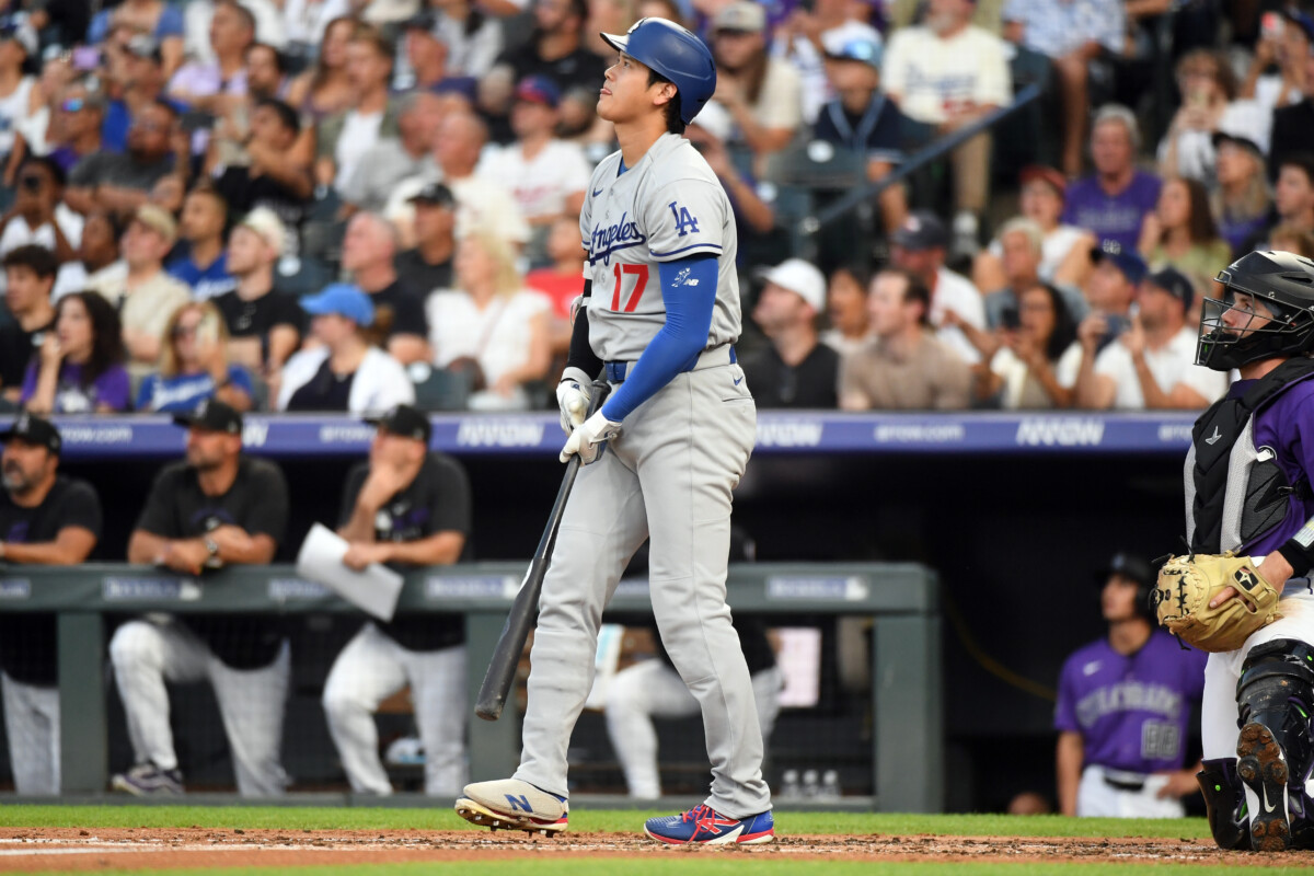 Aug 18, 2026; Denver, Colorado, USA; Los Angeles Dodgers designated hitter Shohei Ohtani (17) hits a two-run home run in the third inning against the Colorado Rockies at Coors Field. Mandatory Credit: Christopher Hanewinckel-Imagn Images