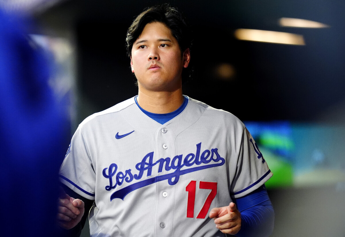 Aug 19, 2026; Denver, Colorado, USA; Los Angeles Dodgers designated hitter Shohei Ohtani (17) reacts in the dugout during the third inning against the Colorado Rockies at Coors Field. Mandatory Credit: Ron Chenoy-Imagn Images
