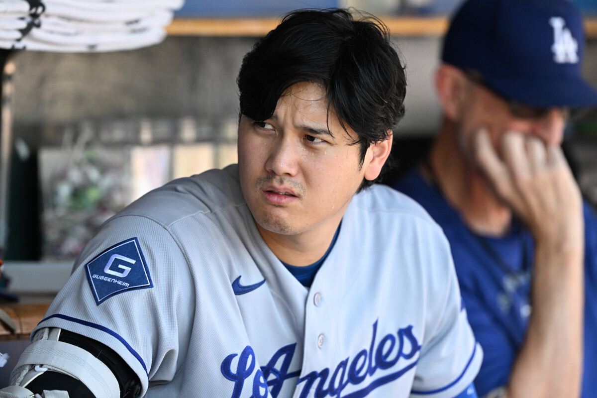 Aug 29, 2026; Detroit, Michigan, USA; Los Angeles Dodgers designated hitter Shohei Ohtani (17) looks on in the dugout in the sixth inning of their game against the Detroit Tigers at Comerica Park. Mandatory Credit: Lon Horwedel-Imagn Images