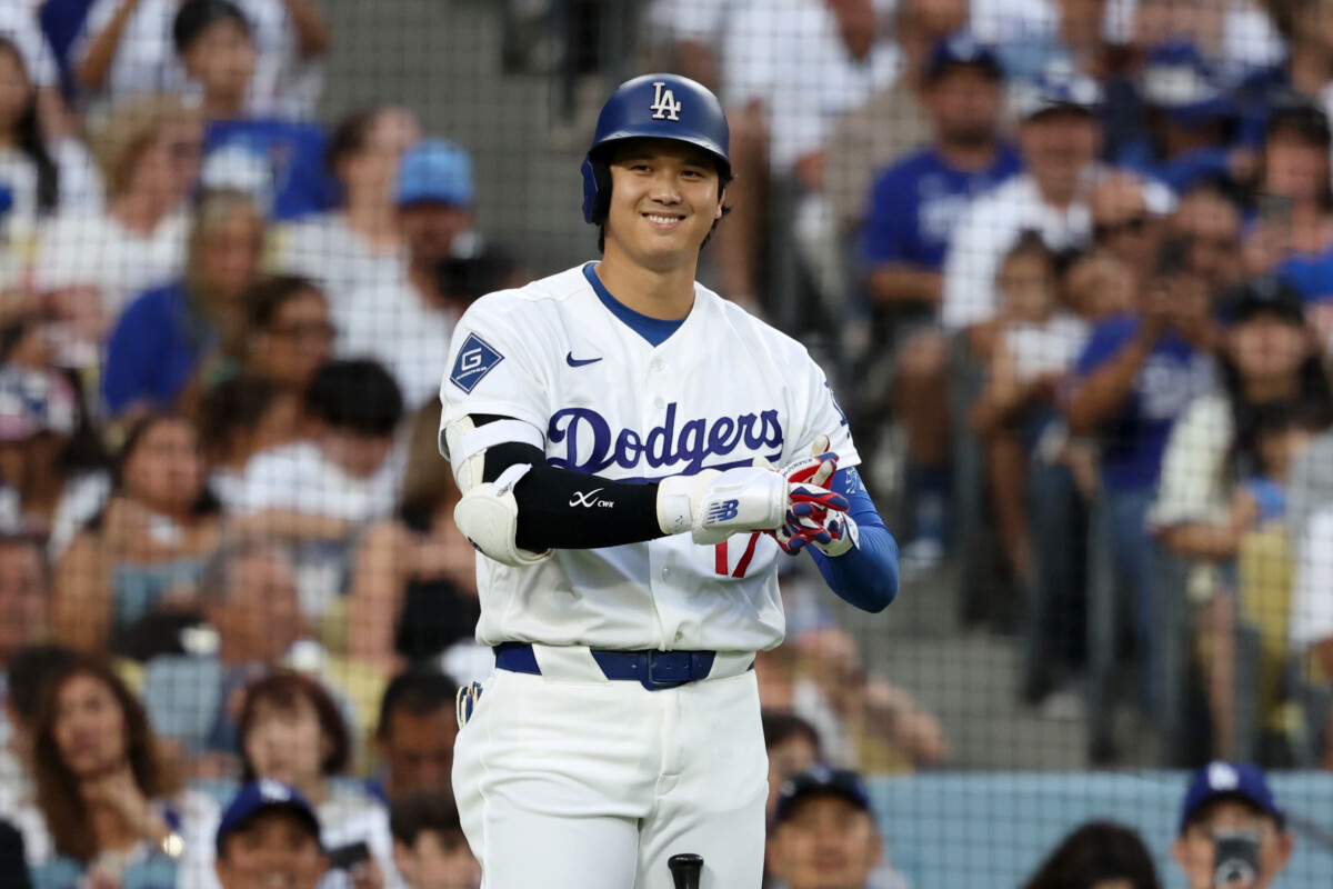 Aug 12, 2026; Los Angeles, California, USA; Los Angeles Dodgers two-way player Shohei Ohtani (17) smiles in the first inning against the Kansas City Royals at Dodger Stadium. Mandatory Credit: Kiyoshi Mio-Imagn Images
