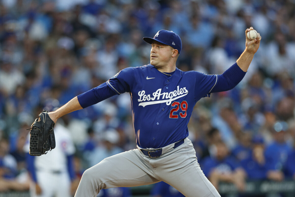 Aug 4, 2026; Chicago, Illinois, USA; Los Angeles Dodgers starting pitcher Tarik Skubal (29) delivers a pitch against the Chicago Cubs during the first inning at Wrigley Field. Mandatory Credit: Kamil Krzaczynski-Imagn Images