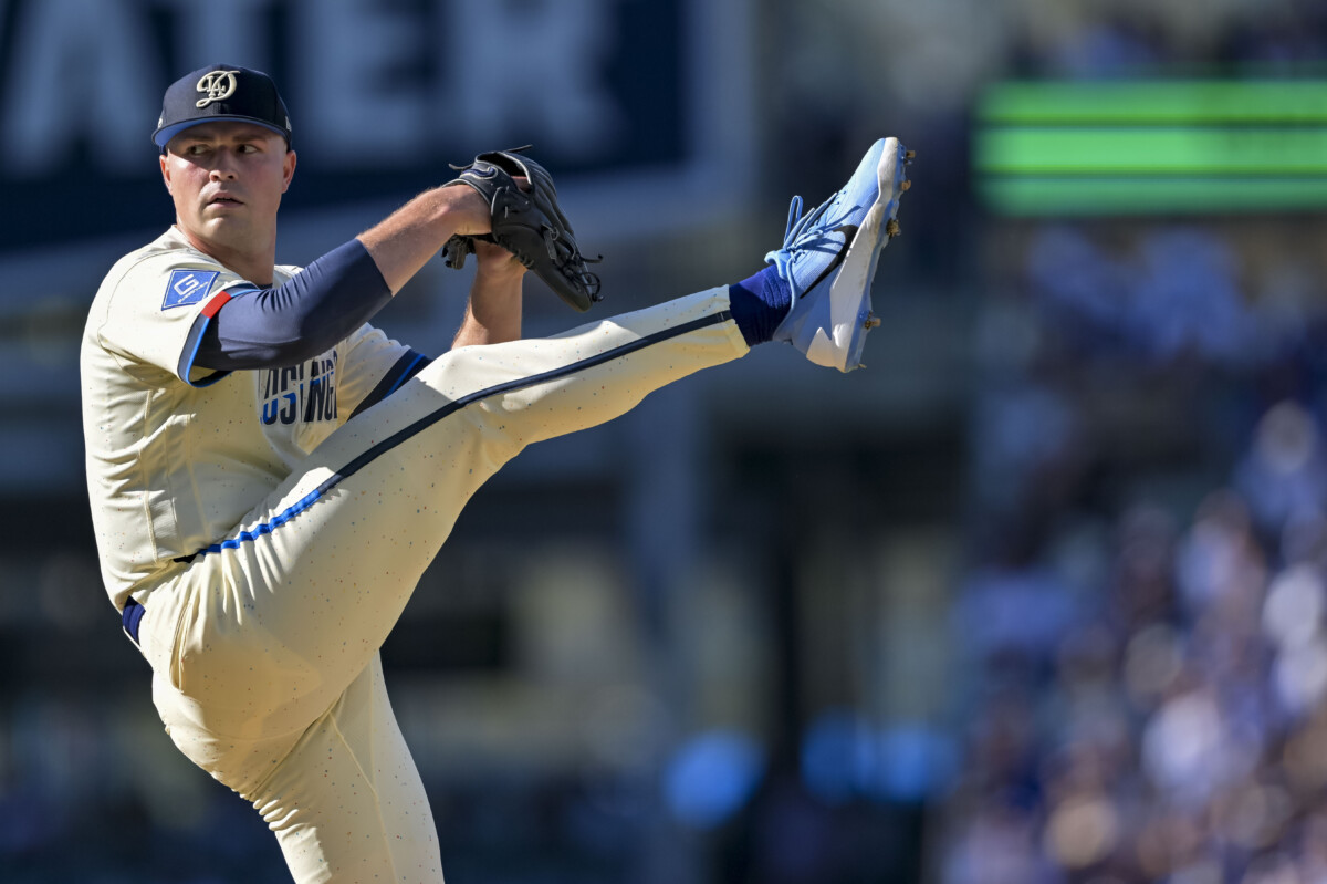 Aug 22, 2026; Los Angeles, California, USA; Los Angeles Dodgers pitcher Tarik Skubal (29) pitches during the third inning at Dodger Stadium. Mandatory Credit: Jayne Kamin-Oncea-Imagn Images