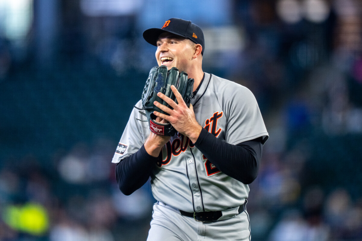 Apr 2, 2025; Seattle, Washington, USA; Detroit Tigers starting pitcher Tarik Skubal (29) smiles while walking of the at the end of first inning against the Seattle Mariners at T-Mobile Park. Mandatory Credit: Stephen Brashear-Imagn Images