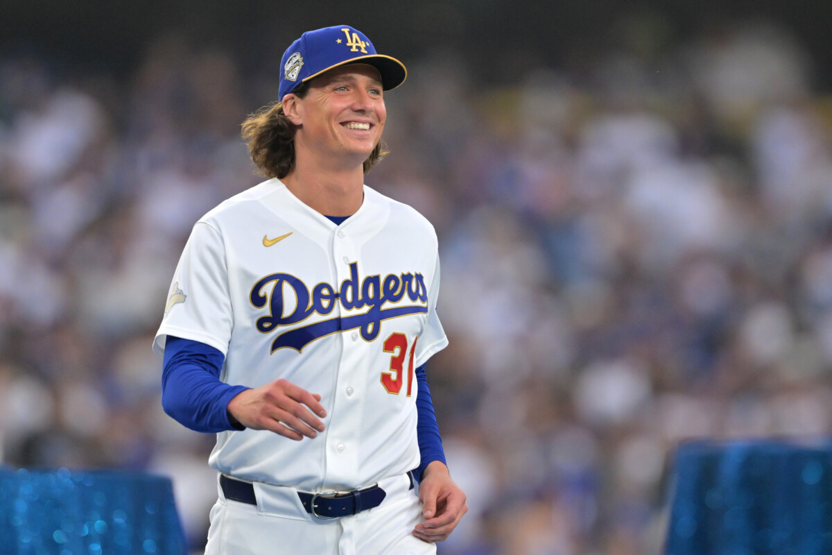 Mar 27, 2026; Los Angeles, California, USA; Los Angeles Dodgers pitcher Tyler Glasnow (31) smiles during the World Series ring ceremony before the game against the Arizona Diamondbacks at Dodger Stadium. Mandatory Credit: Jayne Kamin-Oncea-Imagn Images