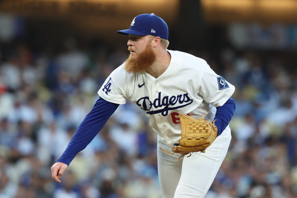 Jul 31, 2026; Los Angeles, California, USA; Los Angeles Dodgers pitcher Will Klein (61) throws a pitch against the Boston Red Sox during the second inning at Dodger Stadium. Mandatory Credit: Kiyoshi Mio-Imagn Images