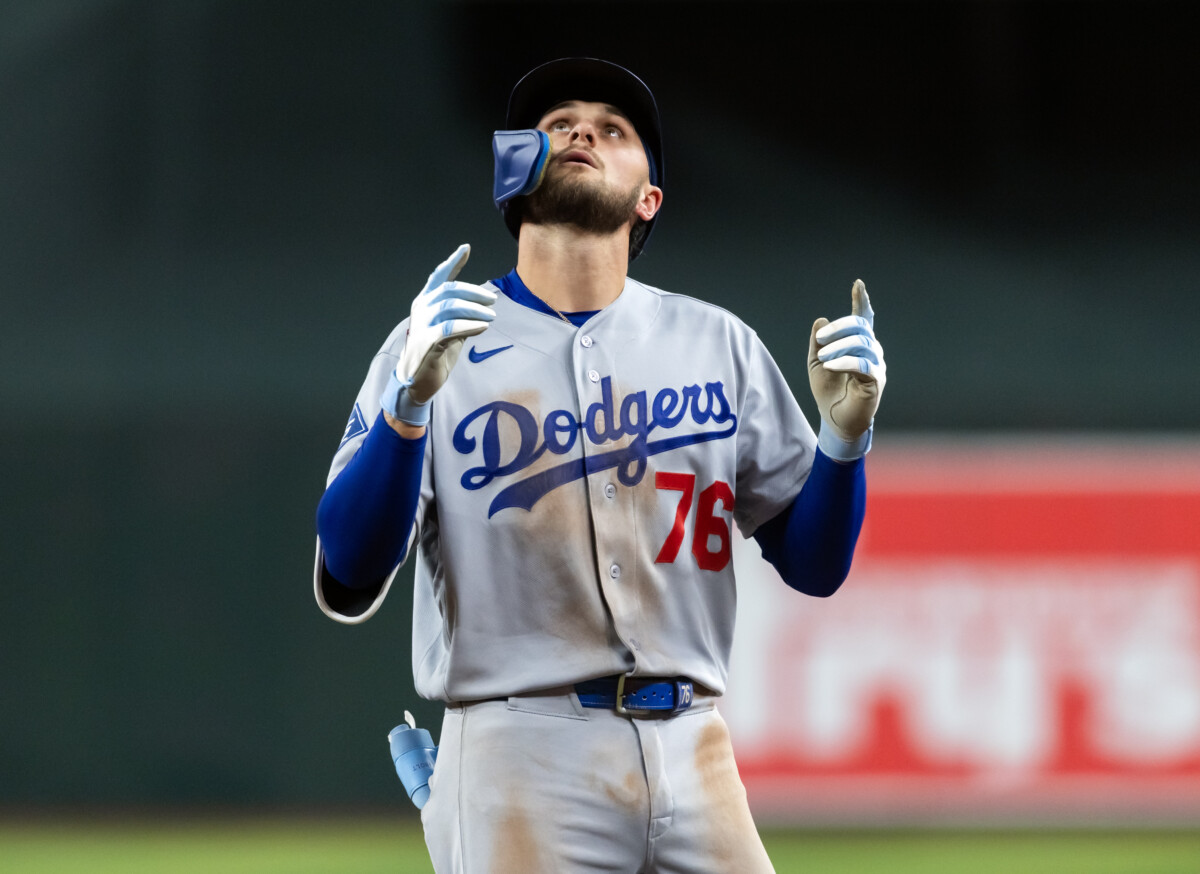 Jun 3, 2026; Phoenix, Arizona, USA; Los Angeles Dodgers batter Alex Freeland reacts after hitting a two run single in the seventh inning against the Arizona Diamondbacks at Chase Field. Mandatory Credit: Mark J. Rebilas-Imagn Images