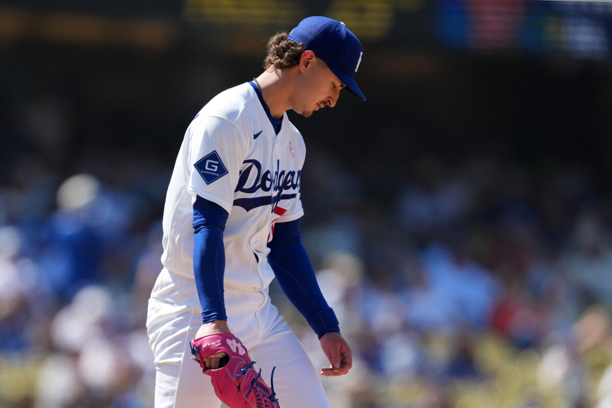 May 10, 2026; Los Angeles, California, USA; Los Angeles Dodgers pitcher Justin Wrobleski (70) reacts against the Atlanta Braves at Dodger Stadium. Mandatory Credit: Kirby Lee-Imagn Images