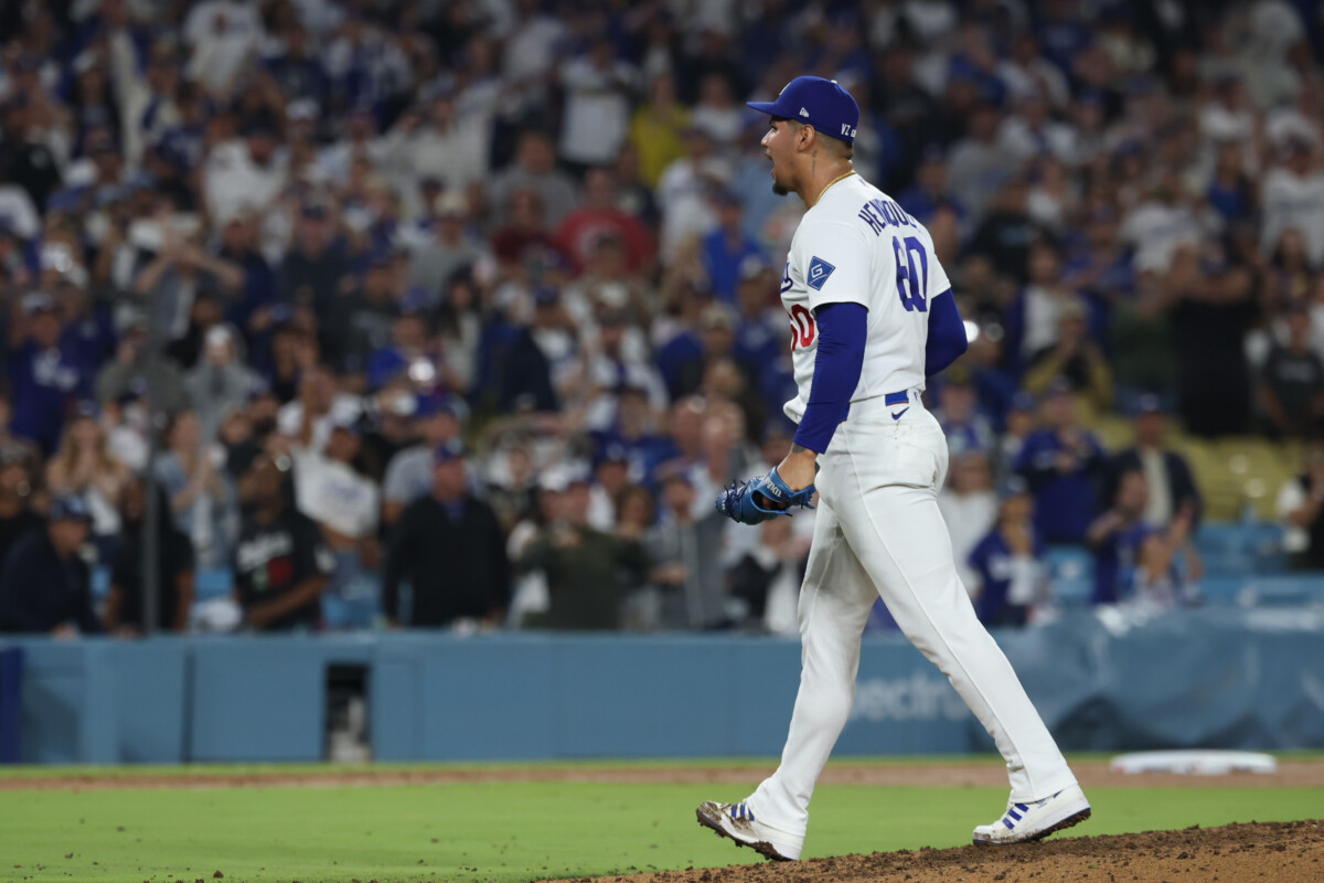 Sep 6, 2026; Los Angeles, California, USA; Los Angeles Dodgers pitcher Edgardo Henriquez (60) reacts to the win against the Washington Nationals at Dodger Stadium. Mandatory Credit: William Navarro-Imagn Images
