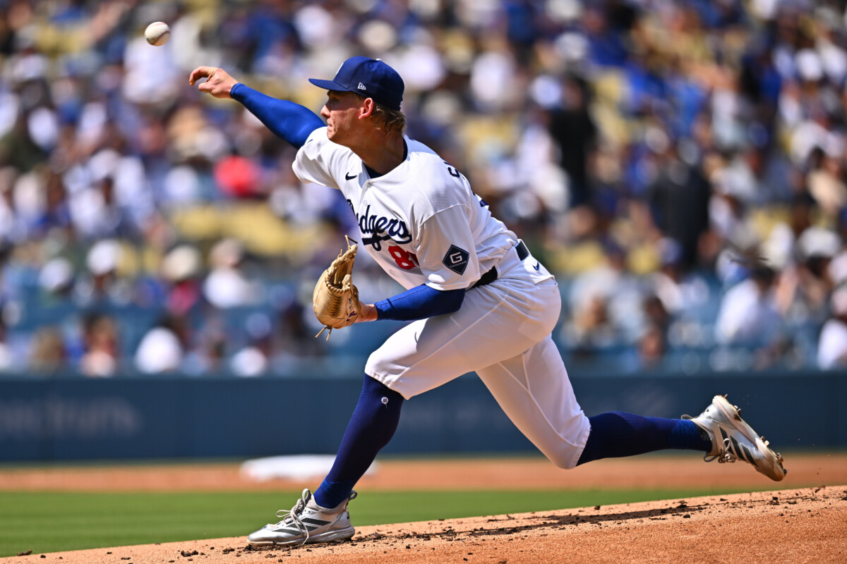 Sep 20, 2026; Los Angeles, California, USA; Los Angeles Dodgers pitcher Emmet Sheehan (80) pitches against the San Francisco Giants during the second inning at Dodger Stadium. Mandatory Credit: William Liang-Imagn Images