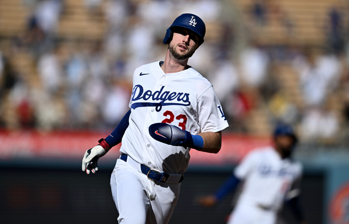 Aug 2, 2026; Los Angeles, California, USA; Los Angeles Dodgers right fielder Kyle Tucker (23) runs to third during the second inning against the Boston Red Sox at Dodger Stadium. Mandatory Credit: Jonathan Hui-Imagn Images