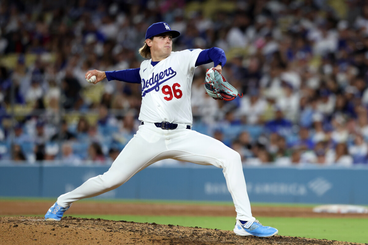 Aug 12, 2026; Los Angeles, California, USA; Los Angeles Dodgers pitcher Landon Knack (96) pitches during the seventh inning against the Kansas City Royals at Dodger Stadium. Mandatory Credit: Kiyoshi Mio-Imagn Images