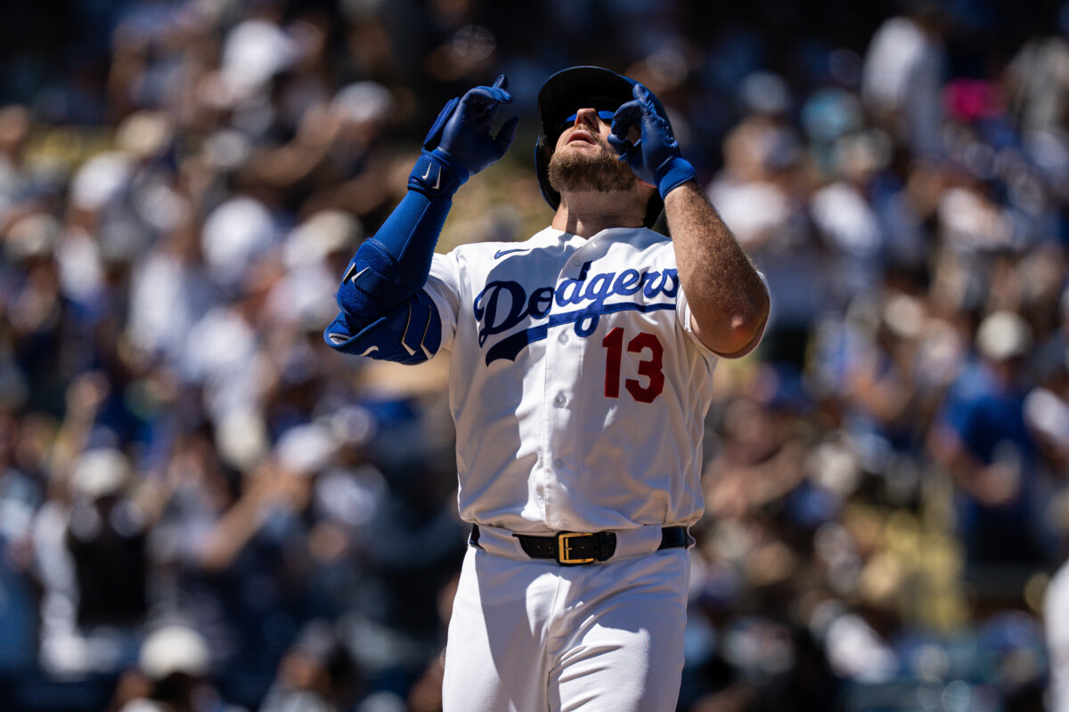 Aug 16, 2026; Los Angeles, California, USA; Los Angeles Dodgers third baseman Max Muncy (13) celebrates after hitting a solo home run in the fourth inning against the Milwaukee Brewers at Dodger Stadium. Mandatory Credit: Jon Endow-Imagn Images