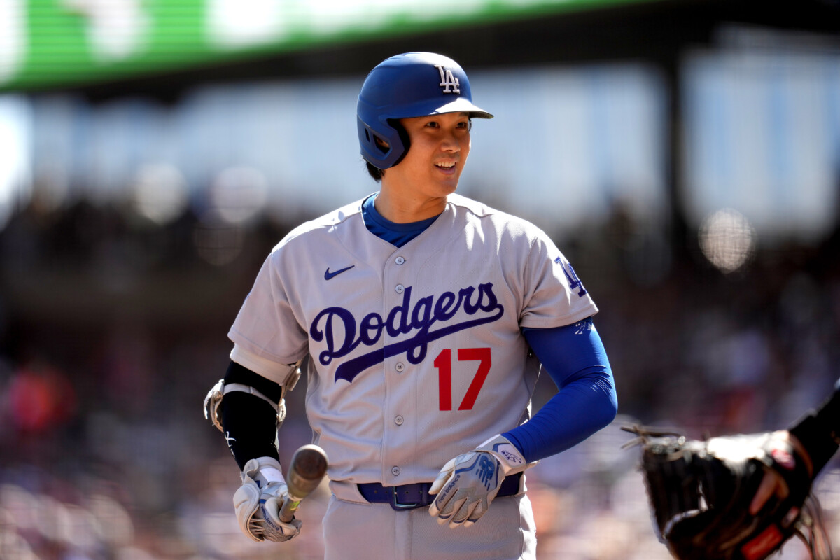 Sep 26, 2026; San Francisco, California, USA; Los Angeles Dodgers designated hitter Shohei Ohtani (17) stands near home plate during a break in the action against the San Francisco Giants in the first inning at Oracle Park. Mandatory Credit: Cary Edmondson-Imagn Images