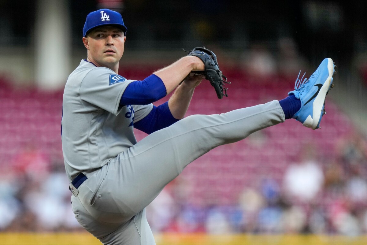 Los Angeles Dodgers pitcher Tarik Skubal (29) winds up in the second inning of the MLB National League game between the Cincinnati Reds and the Los Angeles Dodgers at Great American Ball Park in Cincinnati on Monday, Sept. 14, 2026.