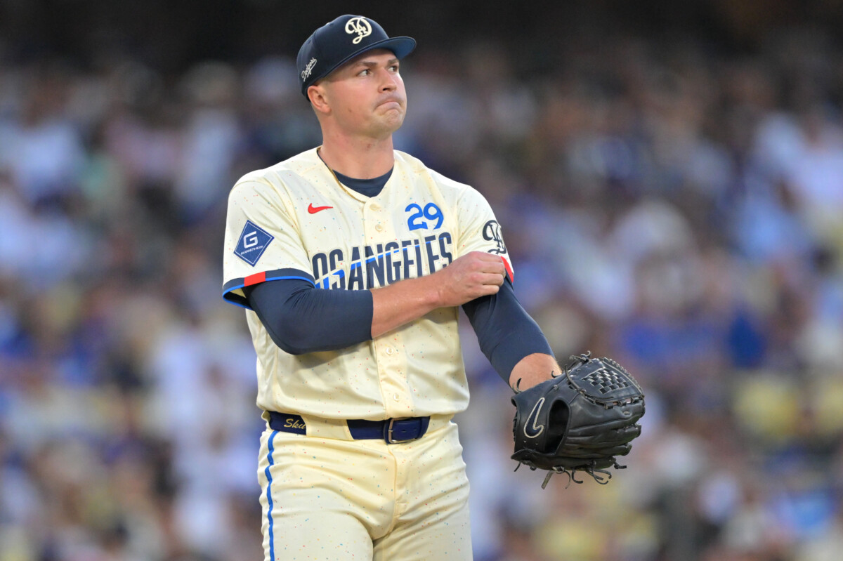 Sep 19, 2026; Los Angeles, California, USA; Los Angeles Dodgers pitcher Tarik Skubal (29) reacts after giving up a walk to the San Francisco Giants in the during the second inning at Dodger Stadium. Mandatory Credit: Jayne Kamin-Oncea-Imagn Images