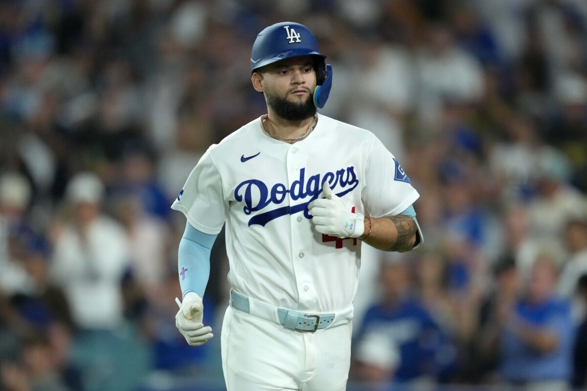 Aug 14, 2026; Los Angeles, California, USA; Los Angeles Dodgers center fielder Andy Pages (44) runs the bases after hitting a home run in the fifth inning against the Milwaukee Brewers at Dodger Stadium. Mandatory Credit: Kirby Lee-Imagn Images