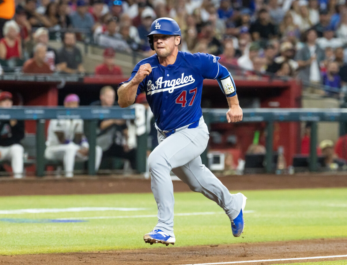 Aug 9, 2026; Phoenix, Arizona, USA; Los Angeles Dodgers catcher Ben Rortvedt against the Arizona Diamondbacks at Chase Field. Mandatory Credit: Mark J. Rebilas-Imagn Images