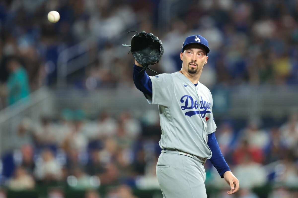 Sep 11, 2026; Miami, Florida, USA; Los Angeles Dodgers starting pitcher Blake Snell (7) catches a baseball against the Miami Marlins during the fifth inning at loanDepot Park. Mandatory Credit: Sam Navarro-Imagn Images